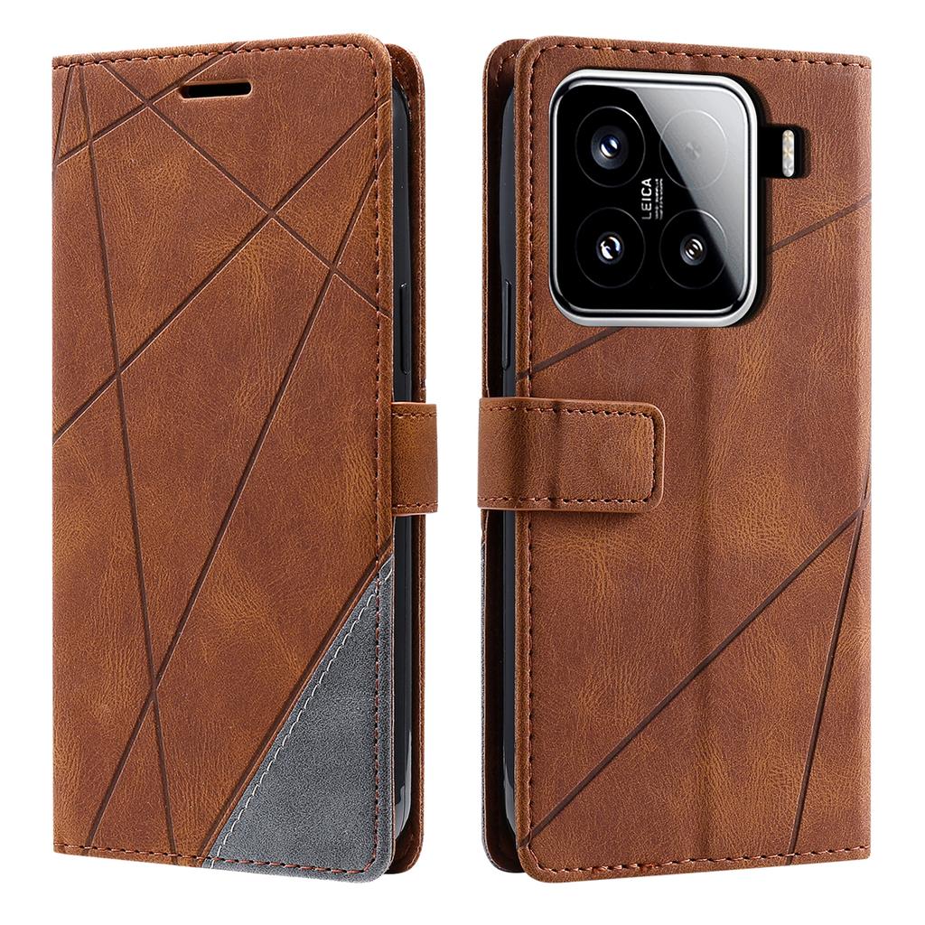 For Xiaomi 15 Case Imprinted Lines PU Leather Splicing Wallet Phone Cover with Wrist Strap