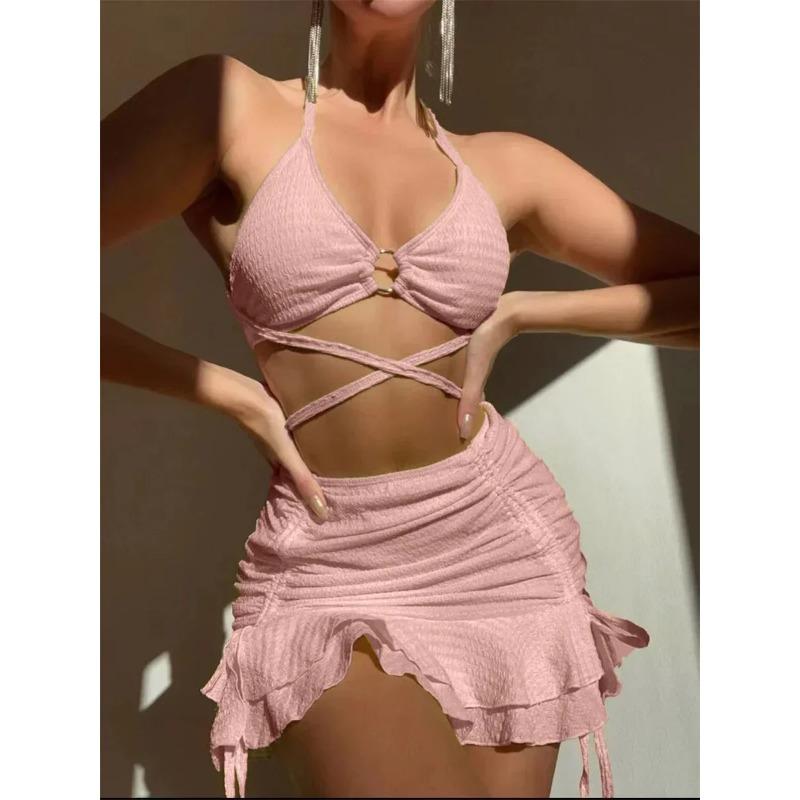Bikini Sexy Galben Femei Solid Halter Inel Legat Criss Cross Acoperire Costum de Baie 3 Piese 2025 Costum de Baie Volane Fustă Costum de Baie