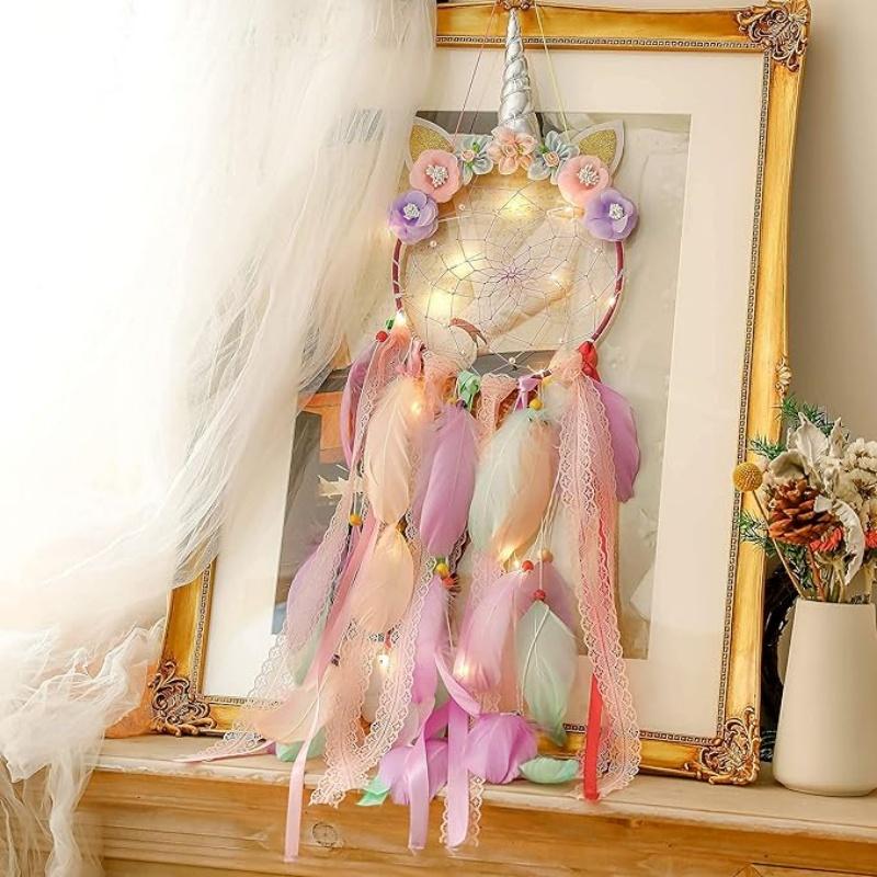 Unicorn Dream Catchers for Kids - Purple Pink Dreamcatcher With Colorful Lights, Unicorn Wall Decor for Bedroom, Birthday Gift
