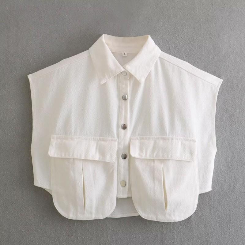 Womens Solid Color Oversized Sleeveless Denim Shirt With Large Pockets Polo Collar Short Top