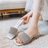 Fashion Low Heel Slippers Summer New Square Head Open Toe Crystal Buckle Set Foot Anti-slip Wear-resistant Square Heel Shoes