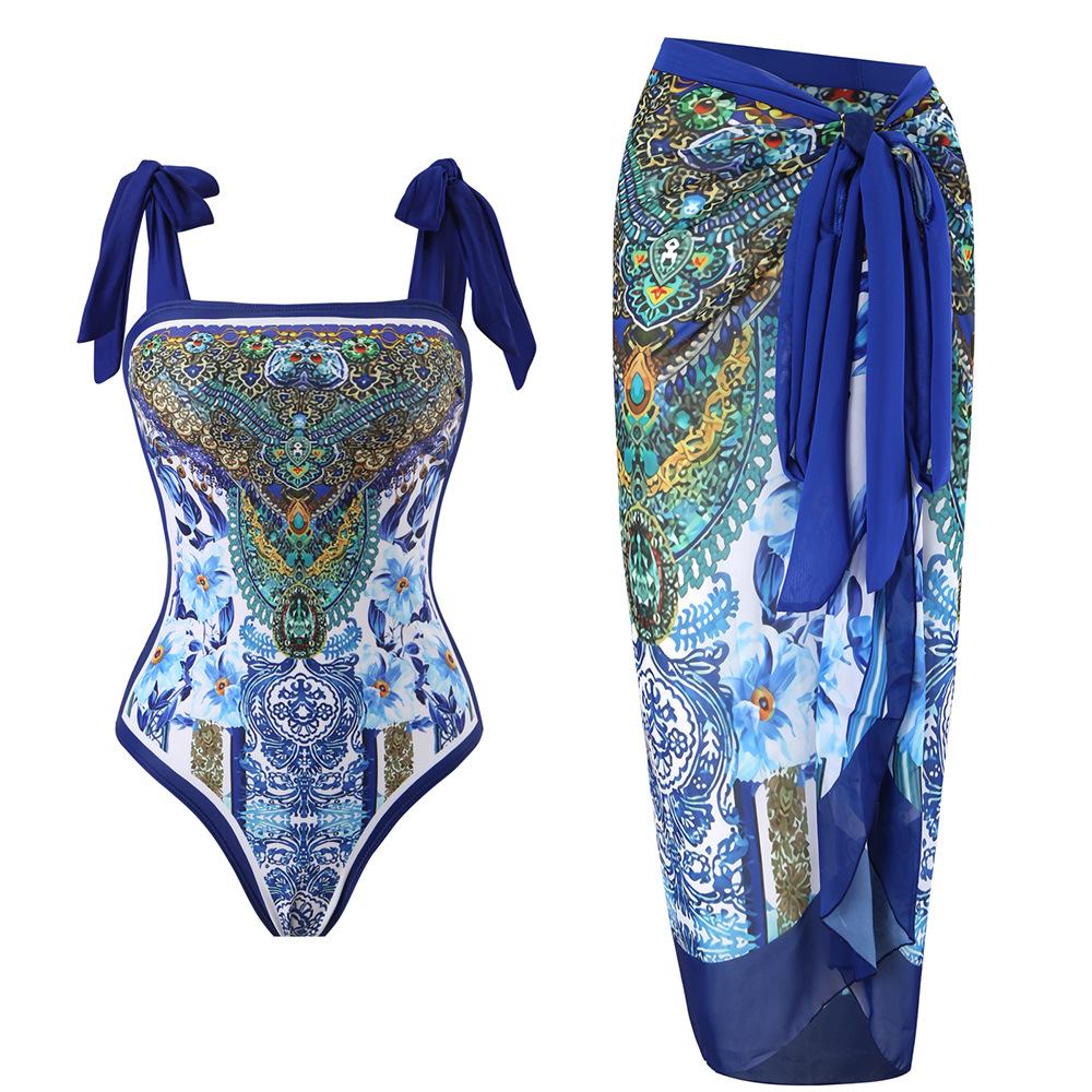 2025 Retro European & American One-Piece Swimsuit with Chiffon Skirt - Conservative & Sexy Design for Women