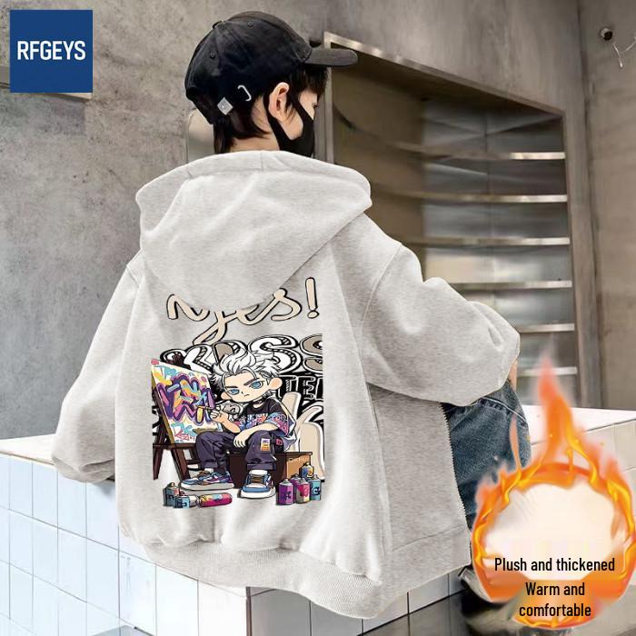 Boys' Casual Hooded Fleece-Lined Sweatshirt - Autumn/Winter Loose Fit Cardigan Jacket for Kids