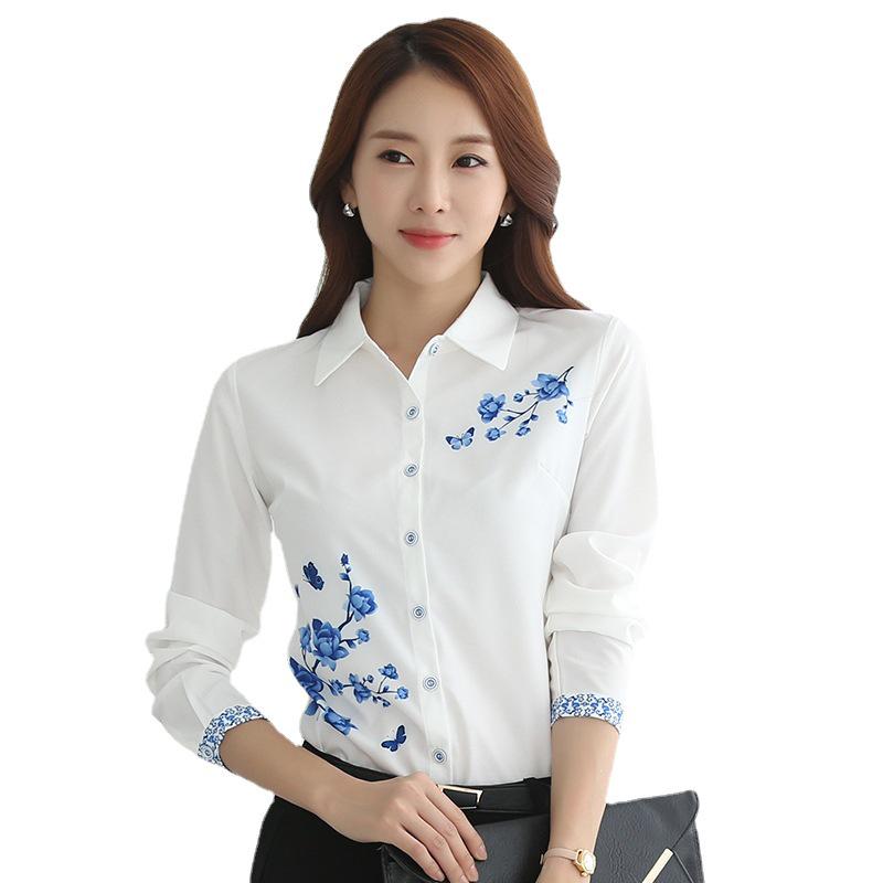 2025 Women's Fashion Long-Sleeve Chiffon Shirt - Spring & Autumn Collection, Printed Design, White