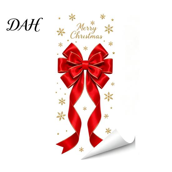 Holiday Window Decorations Static Glass Sticker, Christmas Theme Bow Pattern Print, Removable Door Electrostatic PVC Film for Home And Store