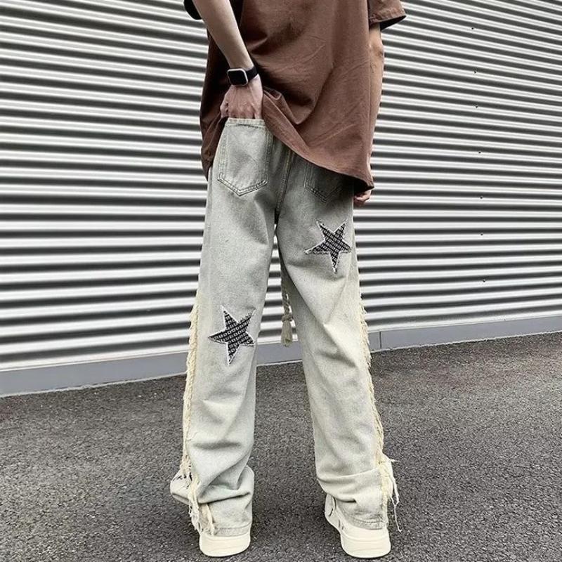 Modische Stern-Aufnäher Designs Hosen Herrenbekleidung Hohe Taille Weiter Bein Vintage Quaste Kordelzug Jeans Hosen Streetwear Jeans