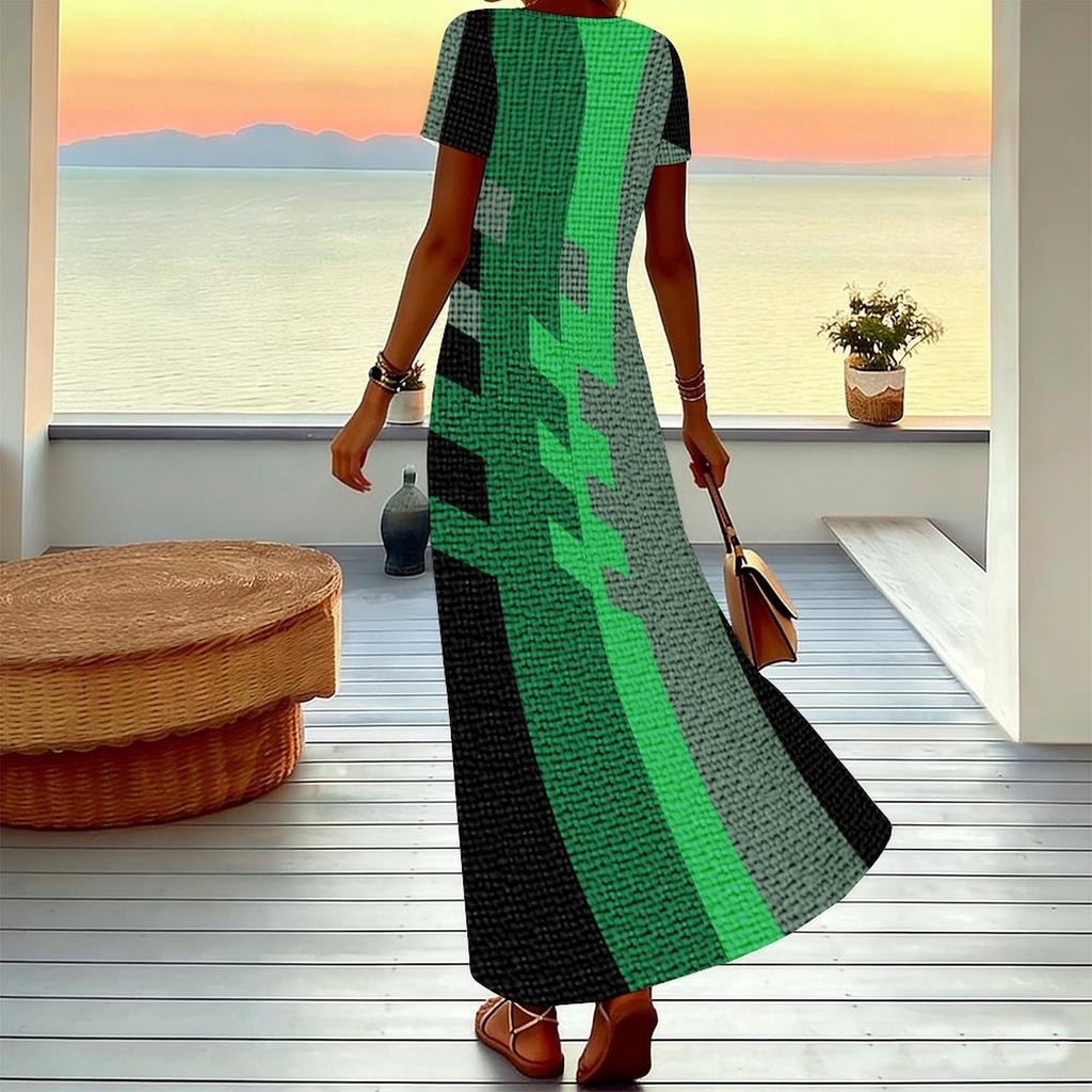 Women Plus Size V Neck Short Sleeve Maxi Dress Black Beige Brown Geometric Block Print Loose Long Dress