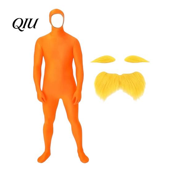 Reading Day Costume Face Open Halloween Costume, Unisex Full Body Orange Bodysuit with Beard Fun Family Eyebrows for Men Women, Adult Stretchy Cosplay