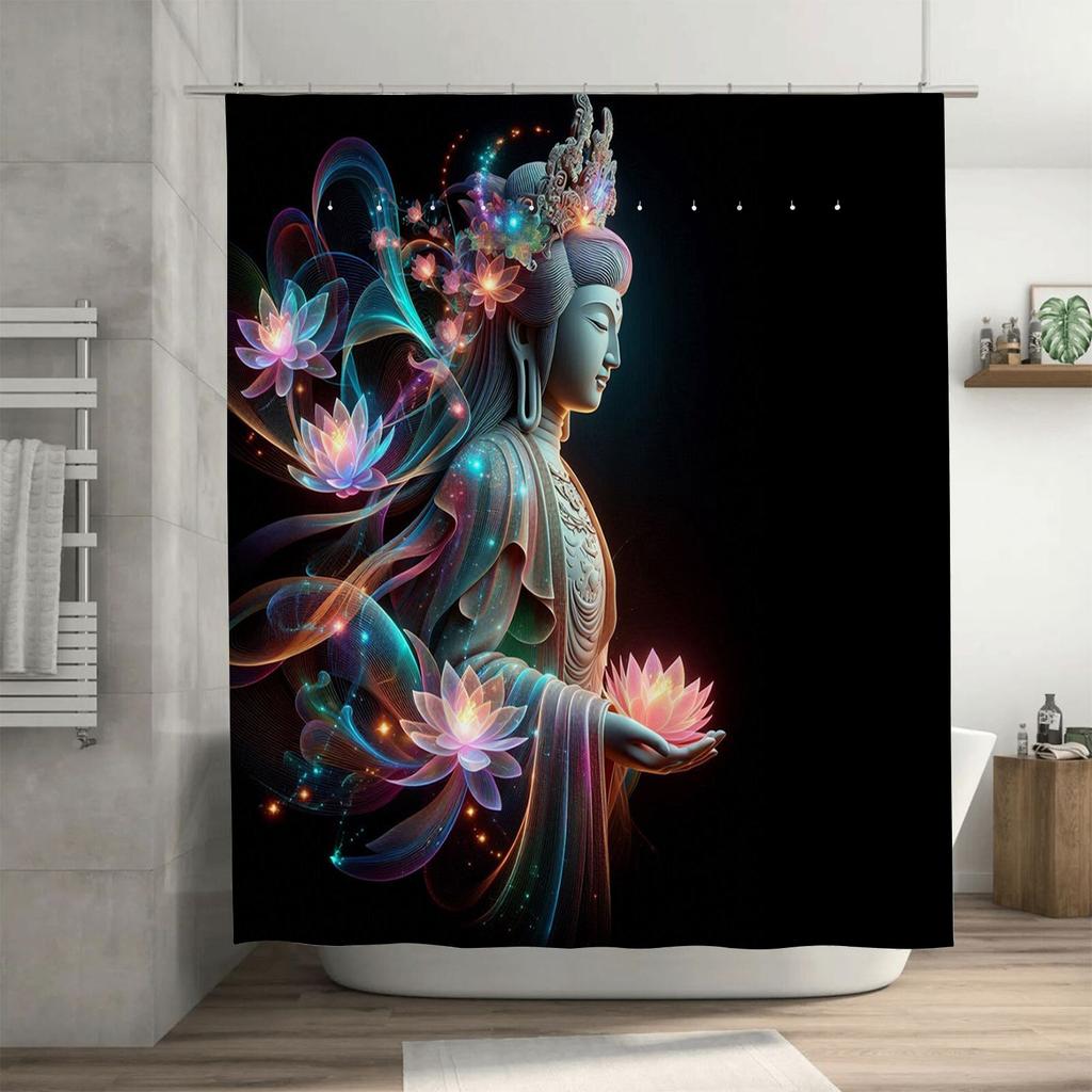 Colorful Buddha with Lotus Flowers Shower Curtain - Waterproof and Mildew-Resistant Bathroom Decor
