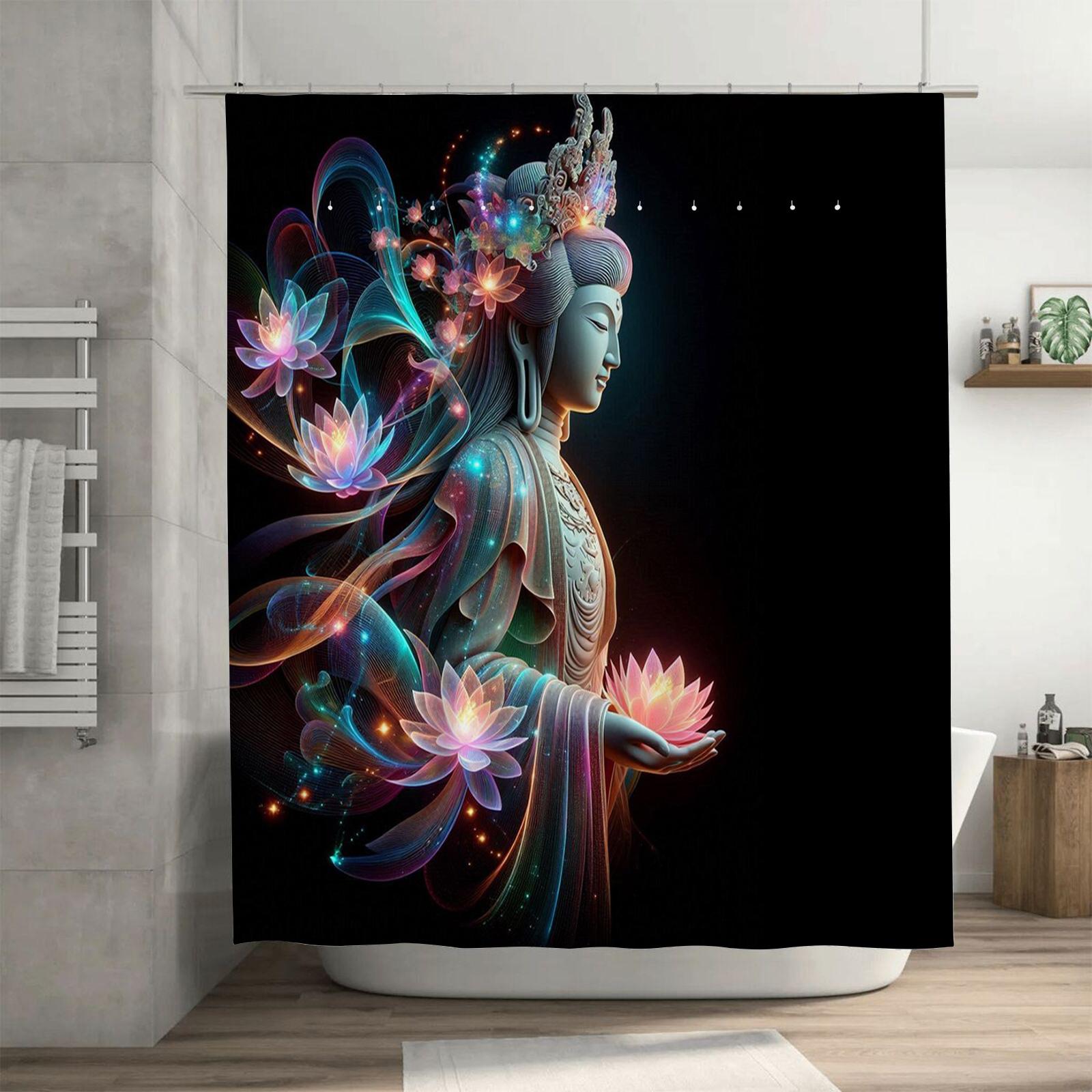 Colorful Buddha with Lotus Flowers Shower Curtain - Waterproof and Mildew-Resistant Bathroom Decor 90X180cm(35x70in)