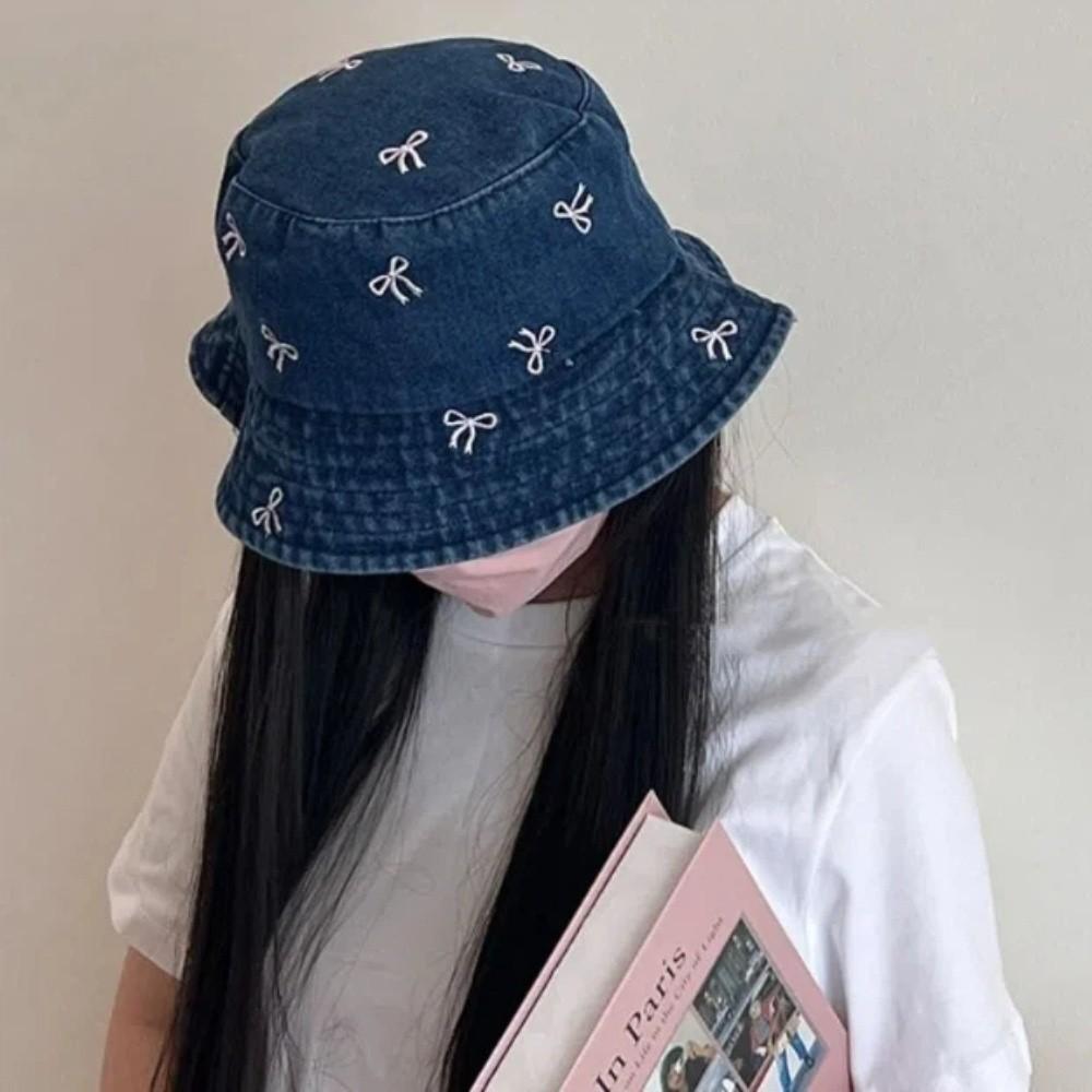 Sunshade Bowknot Cowboy Fisherman Hat Outdoor Covering Basin Hat Sweet Y2K Denim Bucket Hat Women