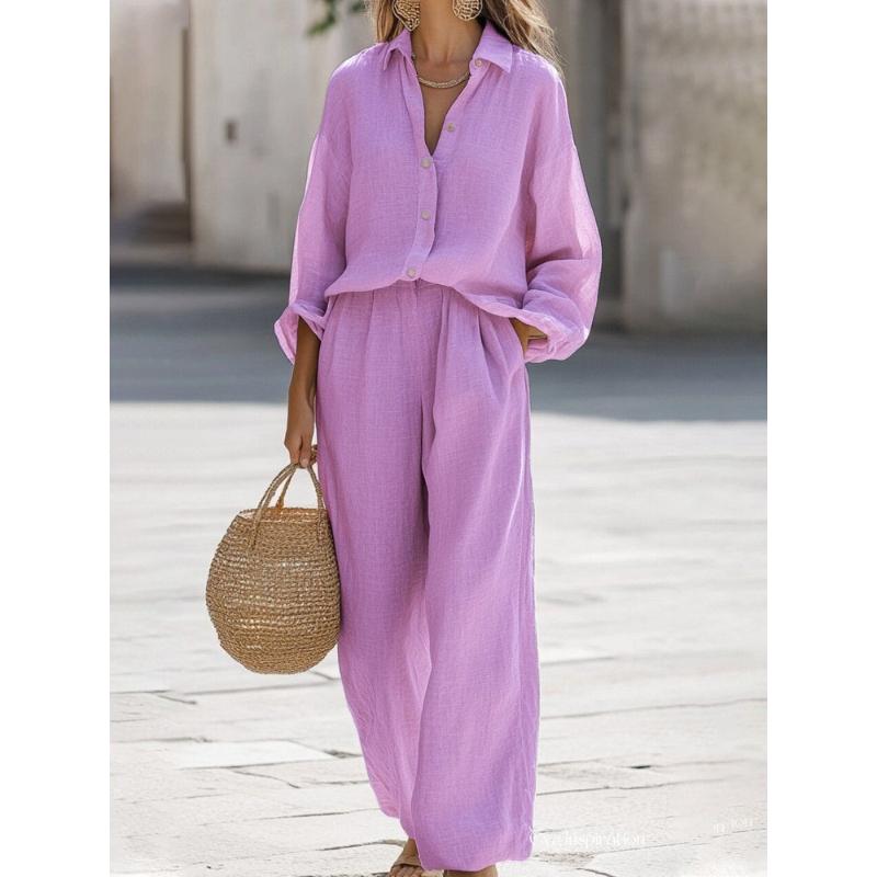 Lady Cotton Linen Shirt Pants Suits Casual Two Piece Set for Women Autumn Long Sleeve Top and Wide Leg Pants Loose Outfits