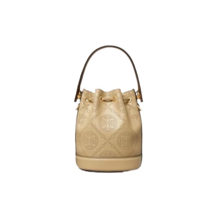 Tory Burch T Monogram Solid Color T Logo Embossed Hardware Drawstring Closure Bucket Bag Women Bags Almond-Pink 151614-200