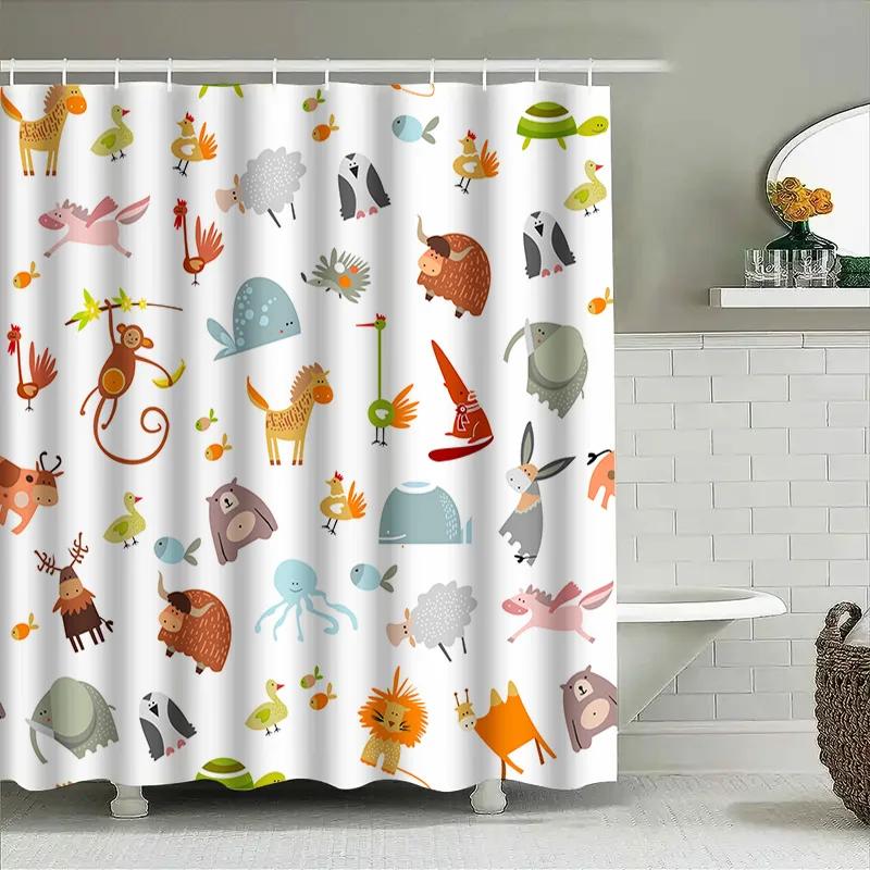 Animal Print Shower Curtain Set Cartoon Animal Designs For Kids Bathroom Decor – Waterproof Fabric With Hooks (White)