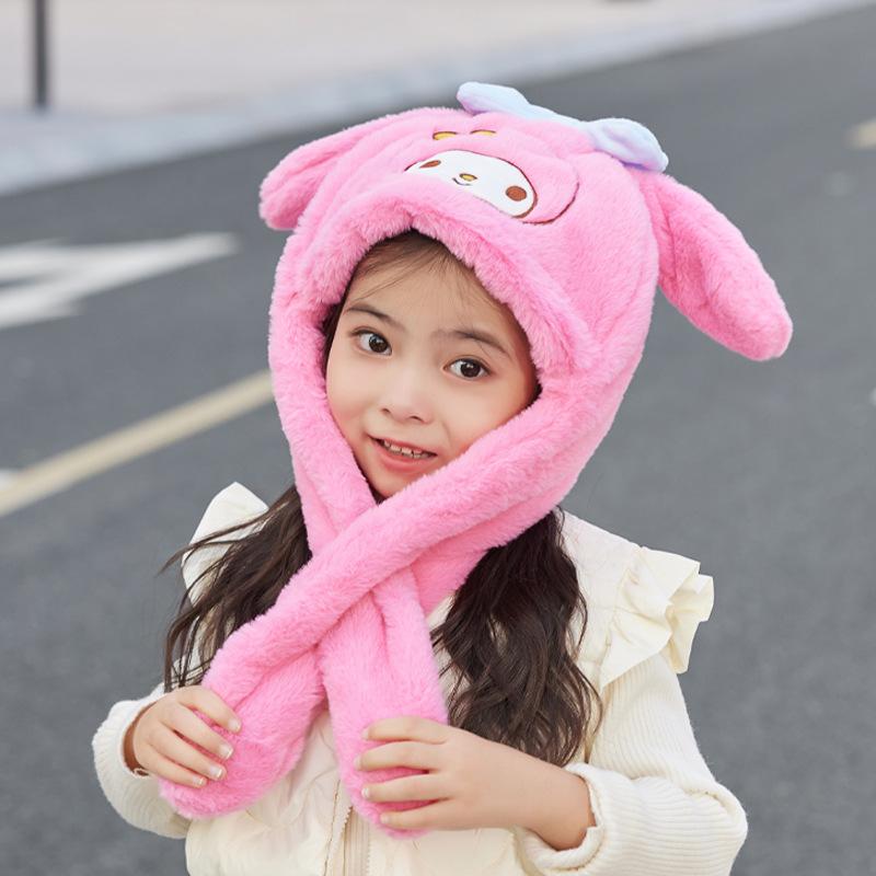 Ears Move Children's Hats Cartoon Cute Plush Ear Protectors Pullover Hat Winter Outdoor Warm Scarf Integrated Hat