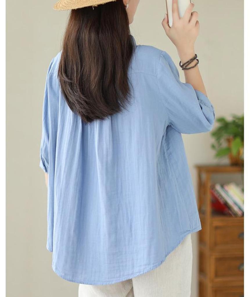 Short Loose Large Size [JHIJSC] Women's Shirt, Sleeve, Summer, Cotton, Fit, 3/4 Sleeve, Slimming, Plain, Stylish, (JP, Alphabet, L, Green)