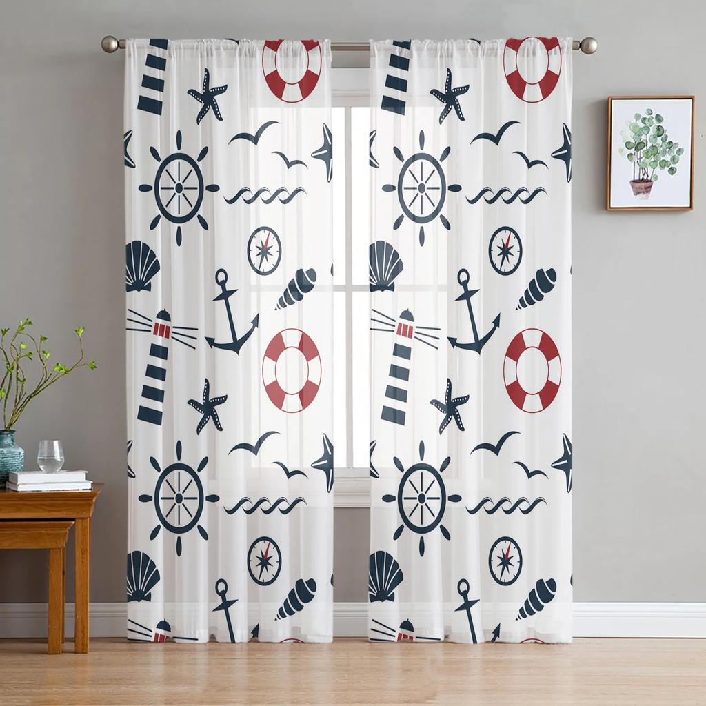 Sheer Watercolour Lighthouse Big Surf Seabird Curtains Living Room Bedroom Decoration Window Voiles Morning Tulle Curtain Polyester Washable Great