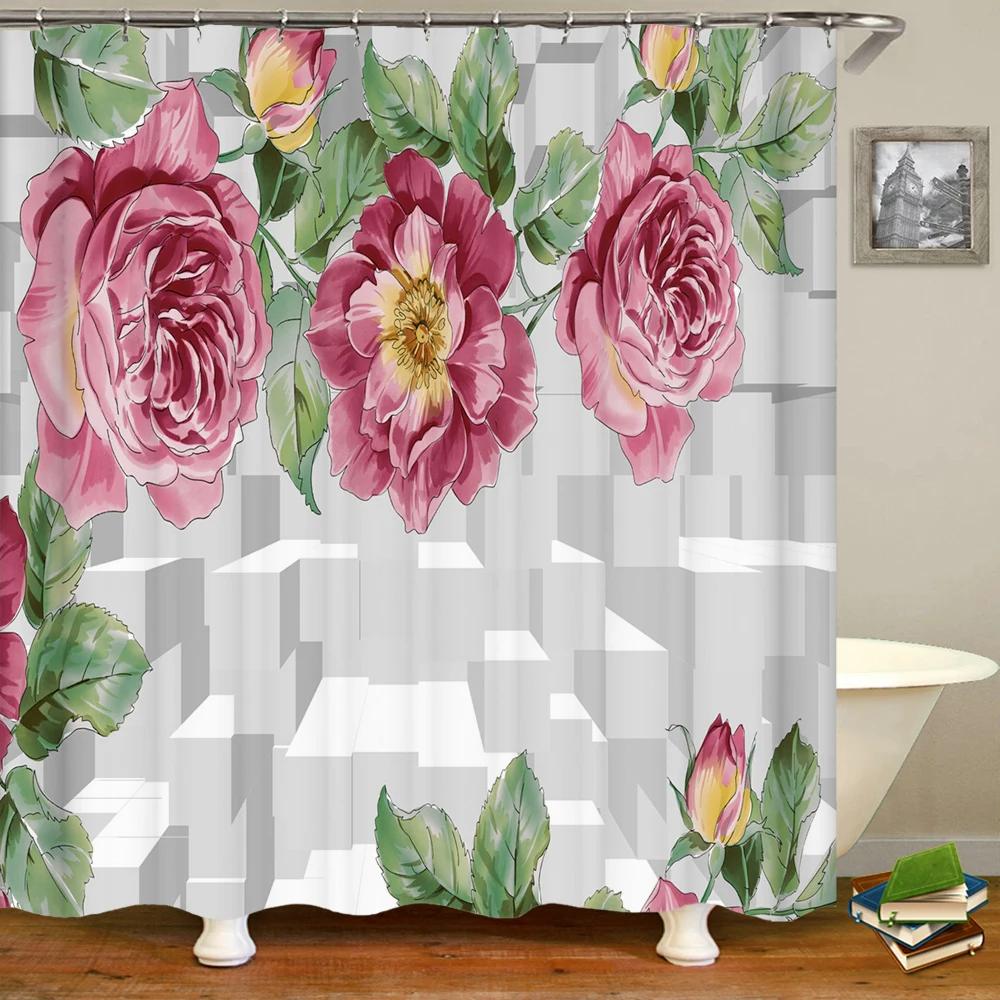 3D Purple Flower Shower Curtain European Vintage Style Waterproof Polyester Floral Bathroom Shower Curtains Home Decor Screen
