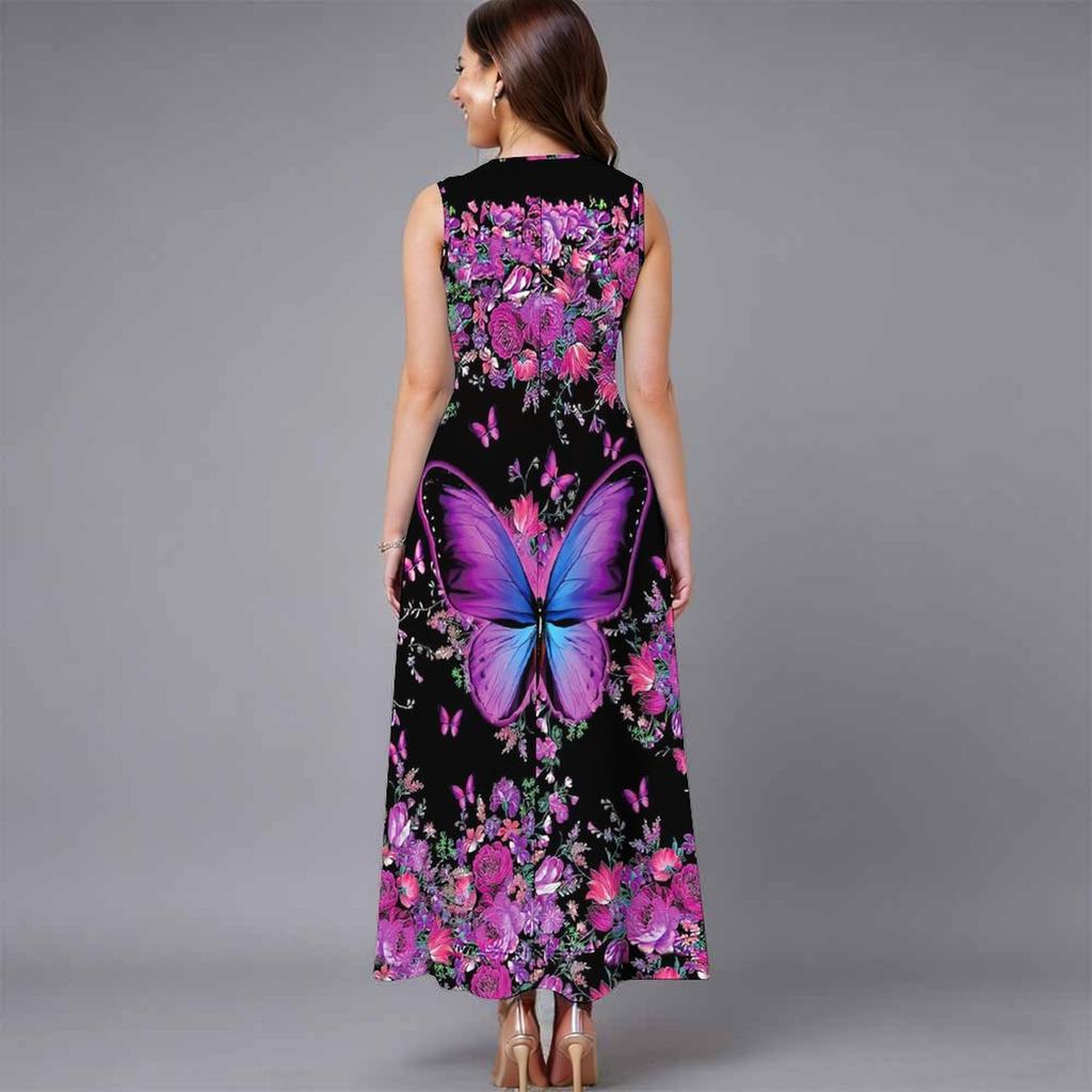 Women Plus Size Sleeveless Crew Neck Dress Soft Watercolor Floral Branches Flowy Mid Calf Gown