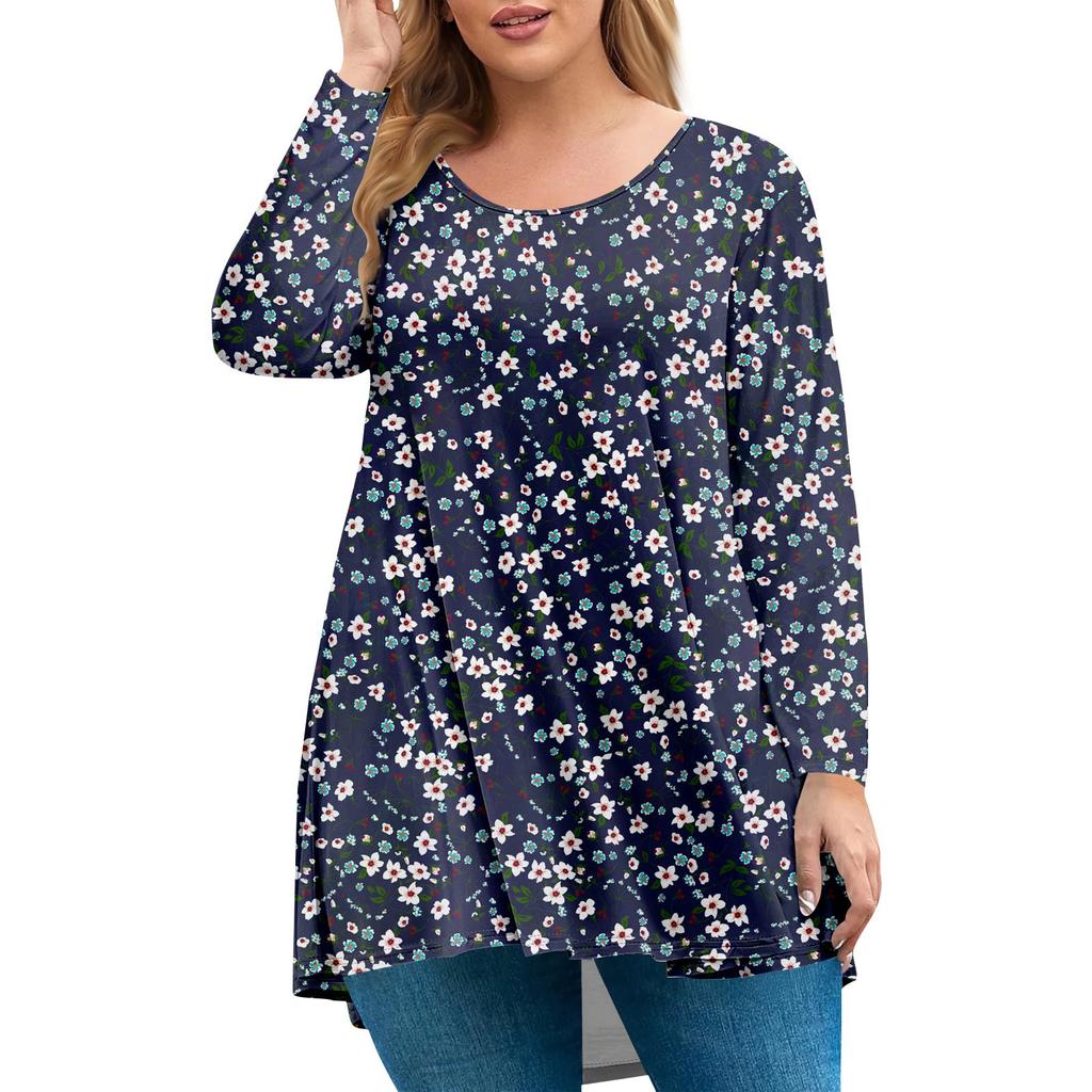 Damen Übergröße Oberteil, Gartenkragen Langarmhemd, Modisches Blumenmuster Freizeit-Top