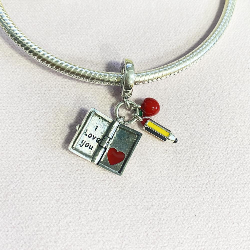 925 Silver Pencil Book Coffee Charms DIY Dangle Beads for Unique Pendant Bracelet Fashion Jewelry