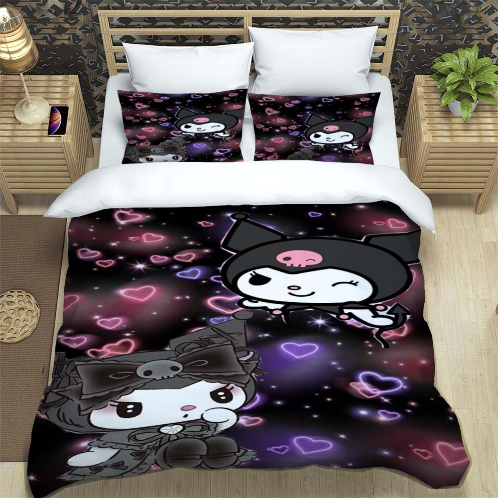 Kuromi 3-piece Cartoon Bedding Set, Exquisite Adult and Children's Bedding Set, Suitable for Double and Single Beds, Large Size.