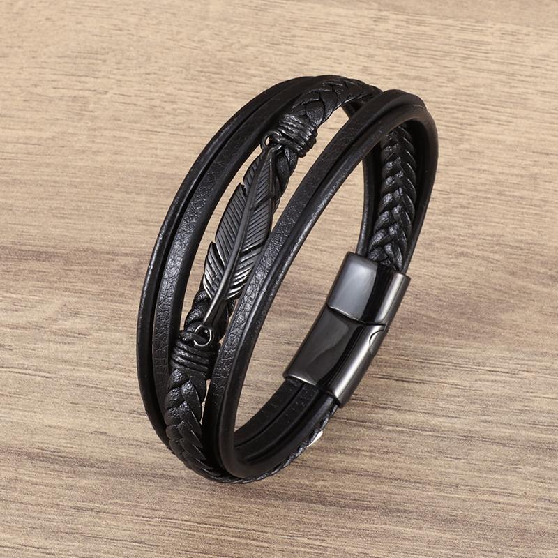 Double Layer Punk Brown Braided Leather Bracelet for Men with Metal Magnetic Clasp Stylish Business Bracelet Jewelry Gift