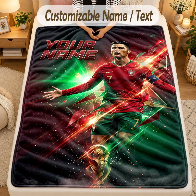 Flannel BlanketCristiano Ronaldo Custom Name Text Personalized Soft Warm Throw Blanket Home Decor Gift