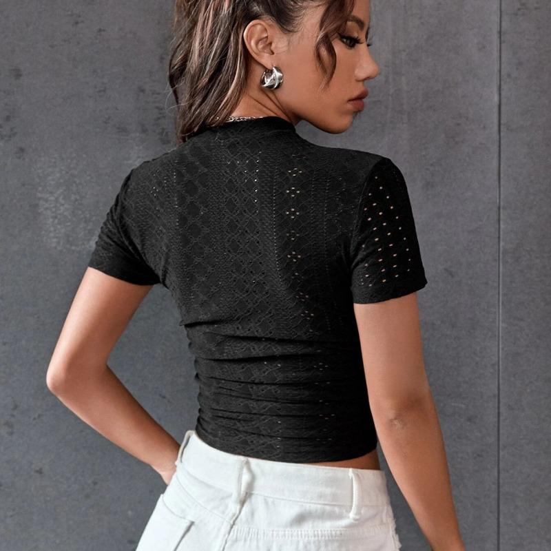 Summer Slim Fit Solid Color Spicy Girl Short Sleeved Hollow Exposed Navel Short Shirt for Women T-Shirts Women’s