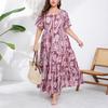 Plus Size Women Floral Print Round Neck Short Sleeve Casual Long Flared Dress