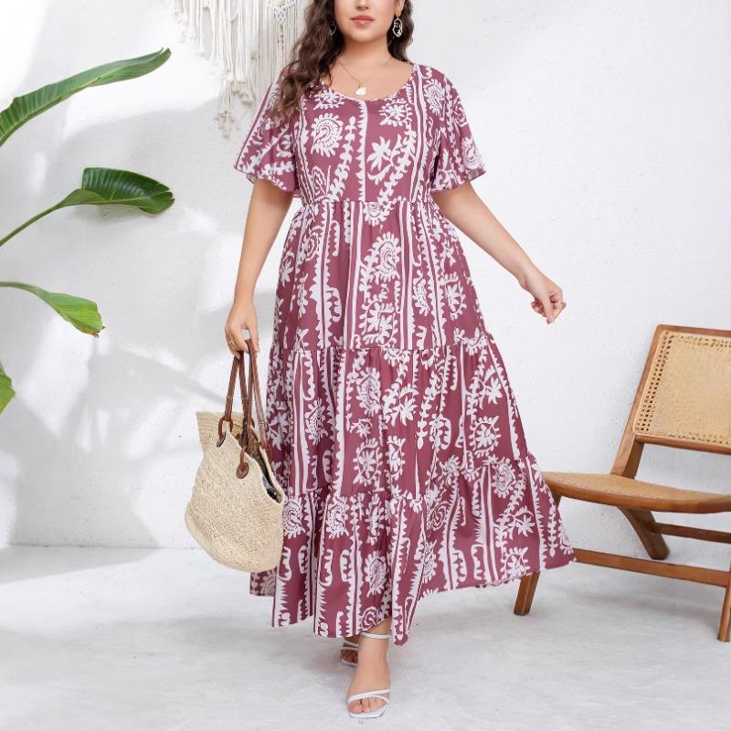 Plus Size Women Floral Print Round Neck Short Sleeve Casual Long Flared Dress