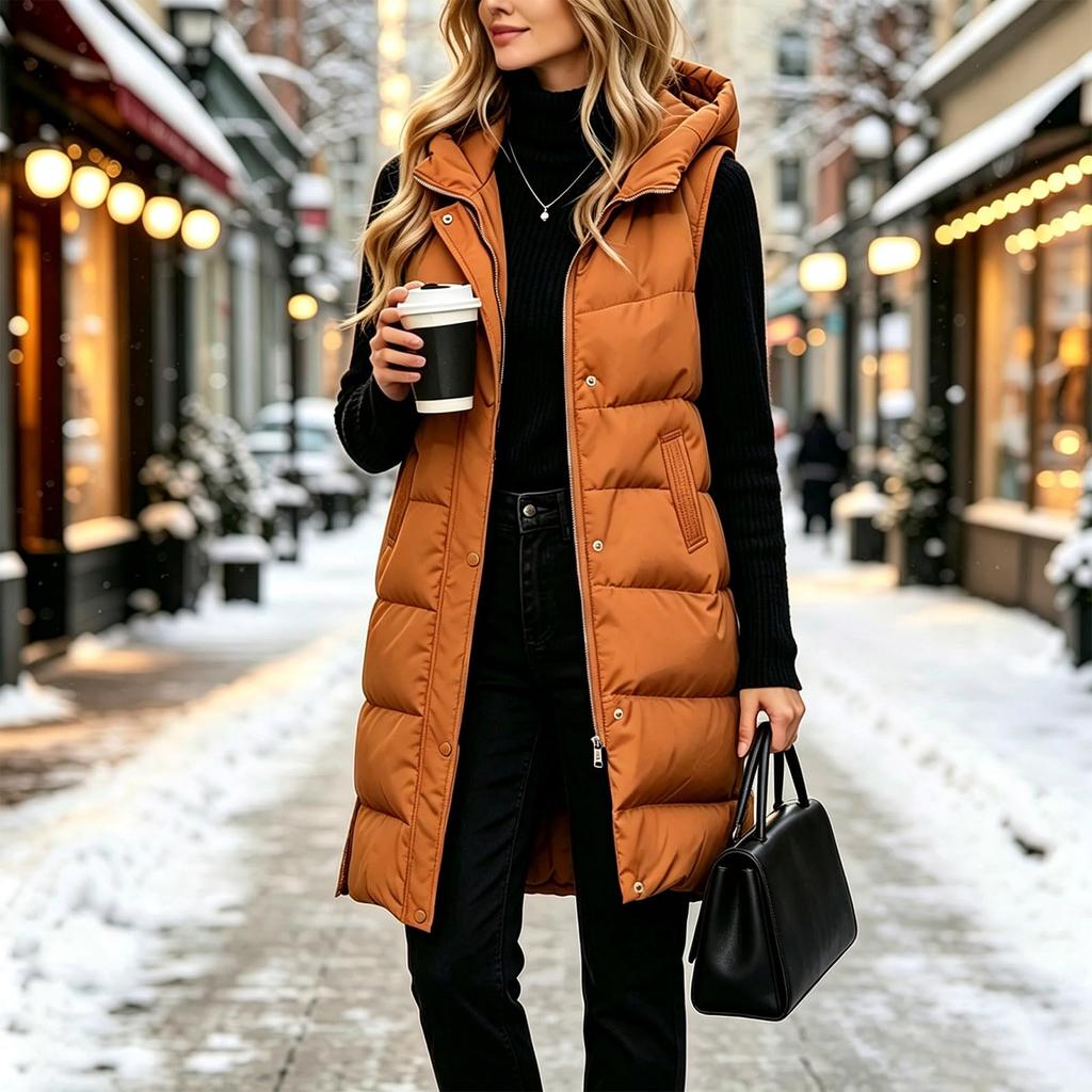 Women's Casual Hooded Cotton-Padded Vest Jacket Sleeveless Outerwear for Fall and Winter