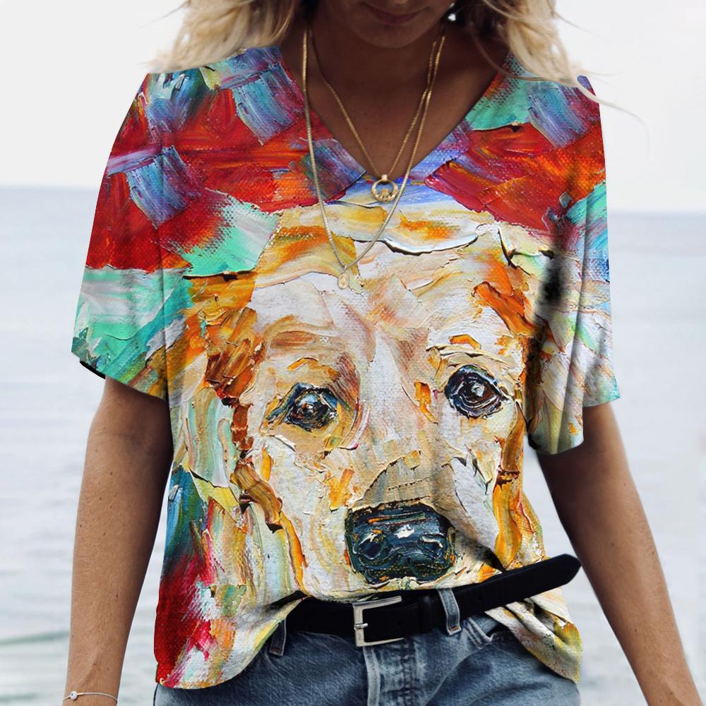 Tricouri de damă la modă, grafică abstractă 3d, tricou cu imprimeu pentru câini, haine amuzante, cu decolteu în V, vară, mânecă scurtă, topuri supradimensionate, pulover