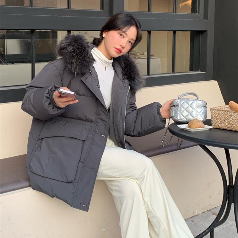 High-end white duck down tooling down jacket women's medium and long 2024 winter new fashion waist big fur collar jacket