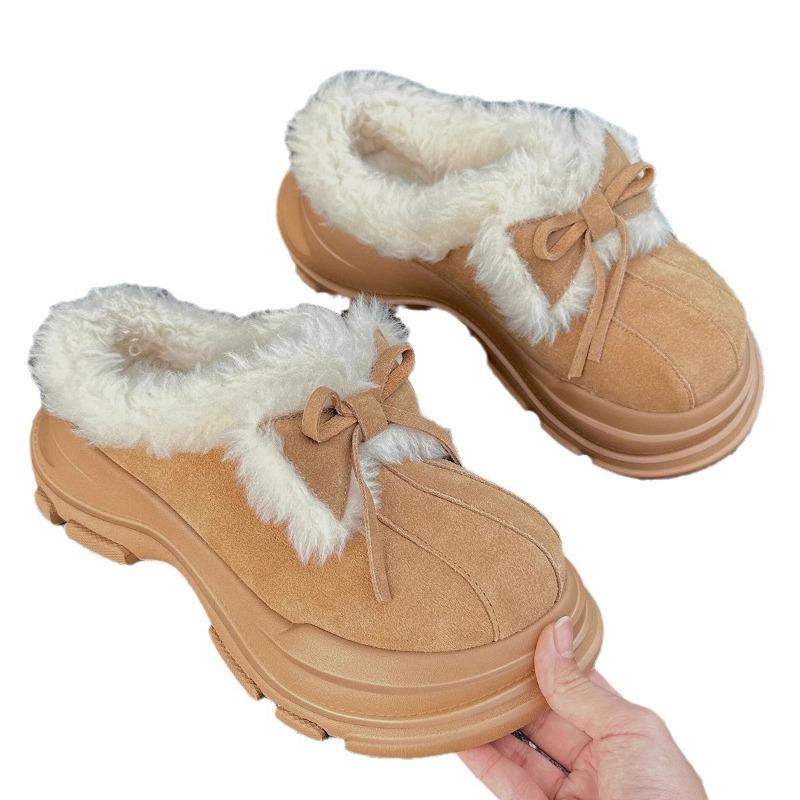 Cute bow one pedal half drag bag head cotton shoes women's velvet fashion platform wool snow boots women