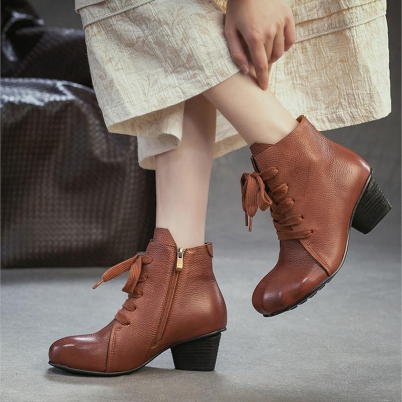 Johnature Genuine Leather Side Zipper Round Toe Coarse Heel Short Boots Versatile Women's Shoes