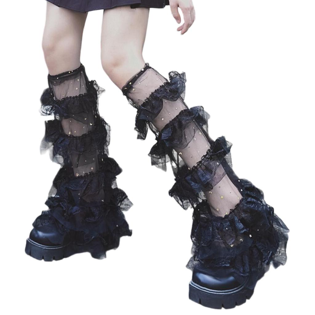 Women's Ruffle Lace Leg Warmer Cute Sheer Mesh Leg Sleeves Sweet Knee Highs Socks Baggy Cuffs Leg Cover Boot Socks