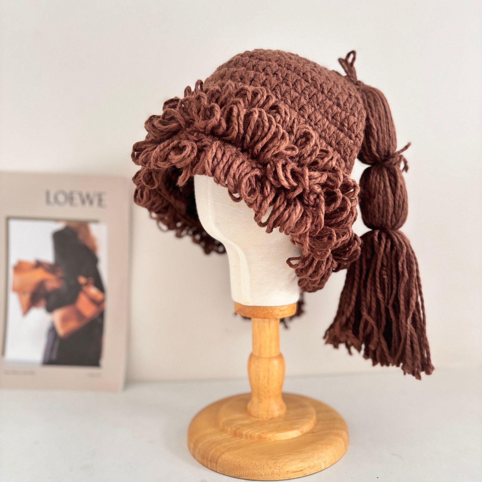 

Милый забавный парик коса двумерная мягкая теплая холодная шапка для девочки осень и зима новая шерстяная шапка ручной работы женская M（56-58cm）