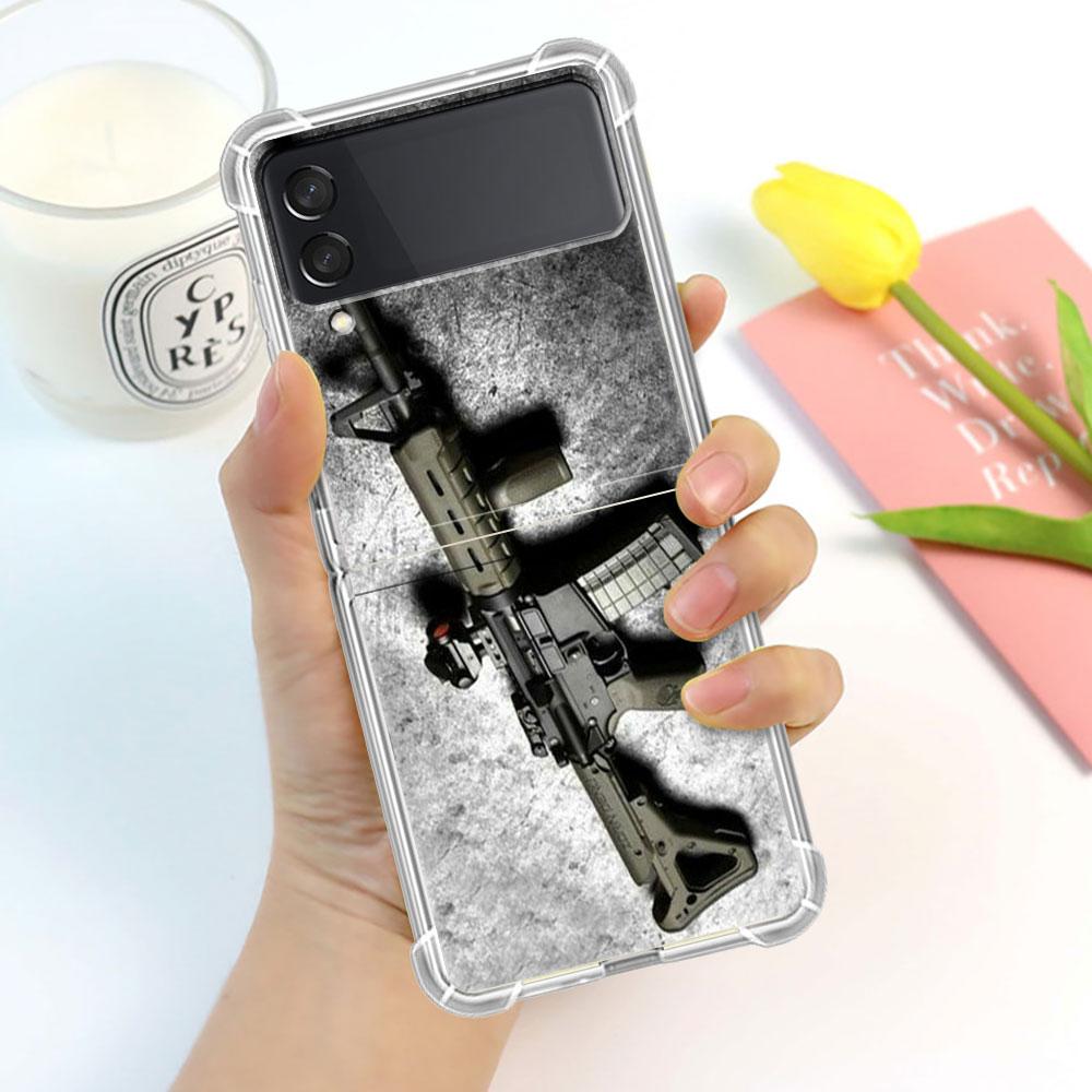 Luxury Case For Samsung Galaxy Z Flip 3 4 5G Funda Z Flip3 Clear PC Hard Shockproof Back Phone Shell AK47 Handgun Gun BUllets