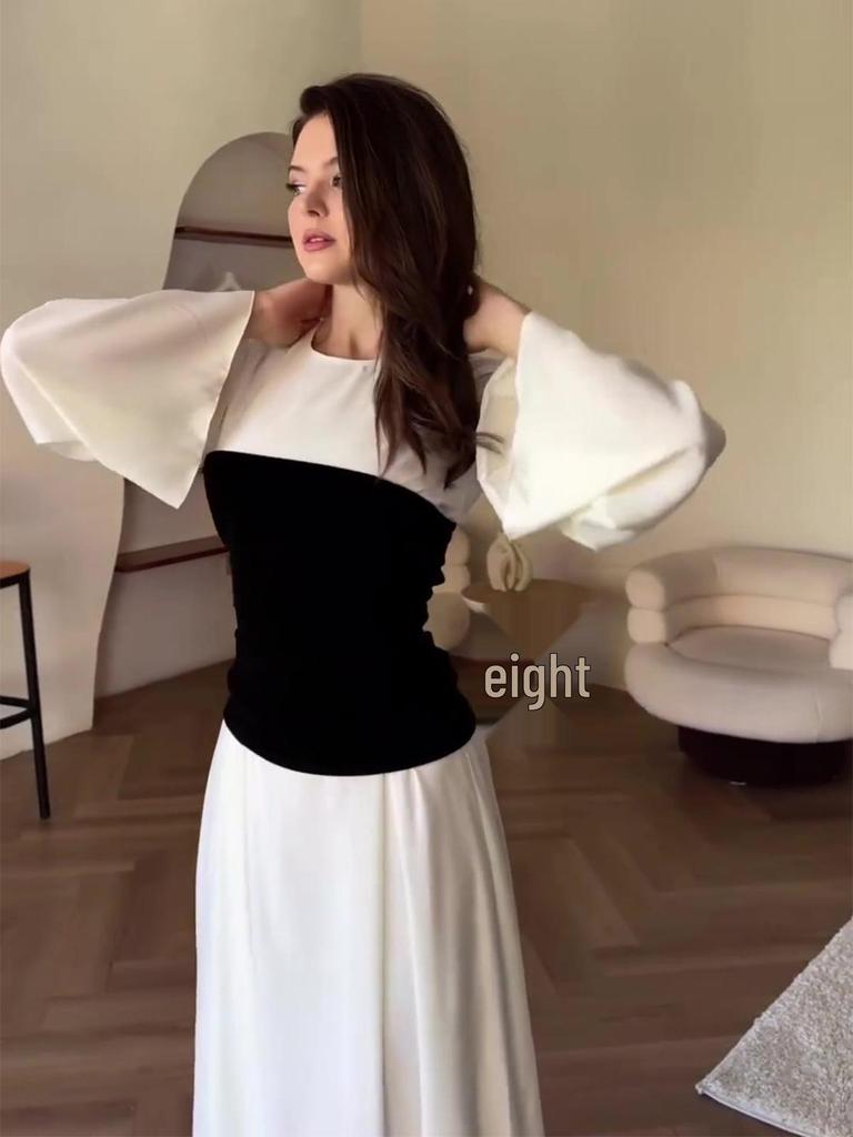 2025 Black & White Patchwork Waist-Cinched Slimming Dress for Women - Autumn Long Skirt