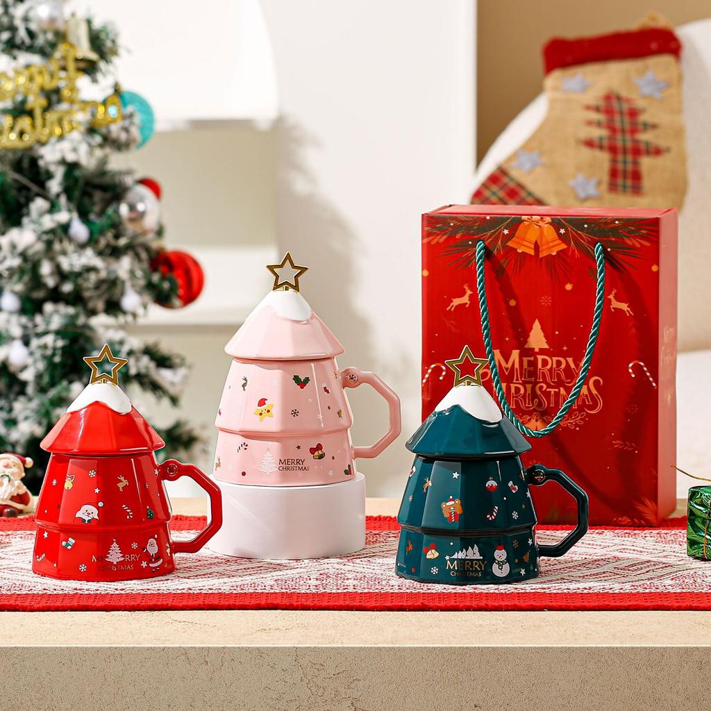 Creative Christmas Mug Christmas Tree Ceramic Cup with Lid Spoon Large Capacity Coffee Cup