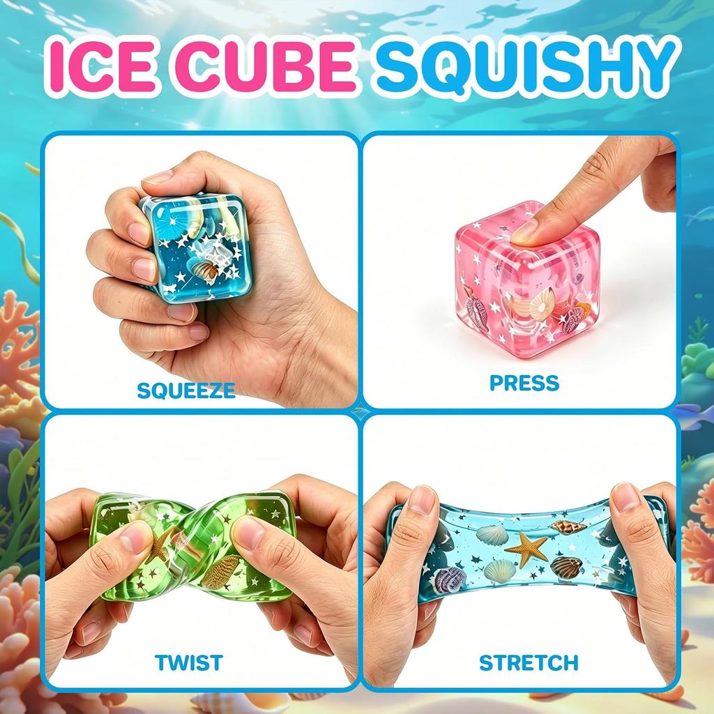 Squishy Cube, Ocean Shells Ice Cube Squishy Fidget Toys | Slow Rise Squishies Stress Balls for Adults & Teens, Soft Squeeze Sensory Toys