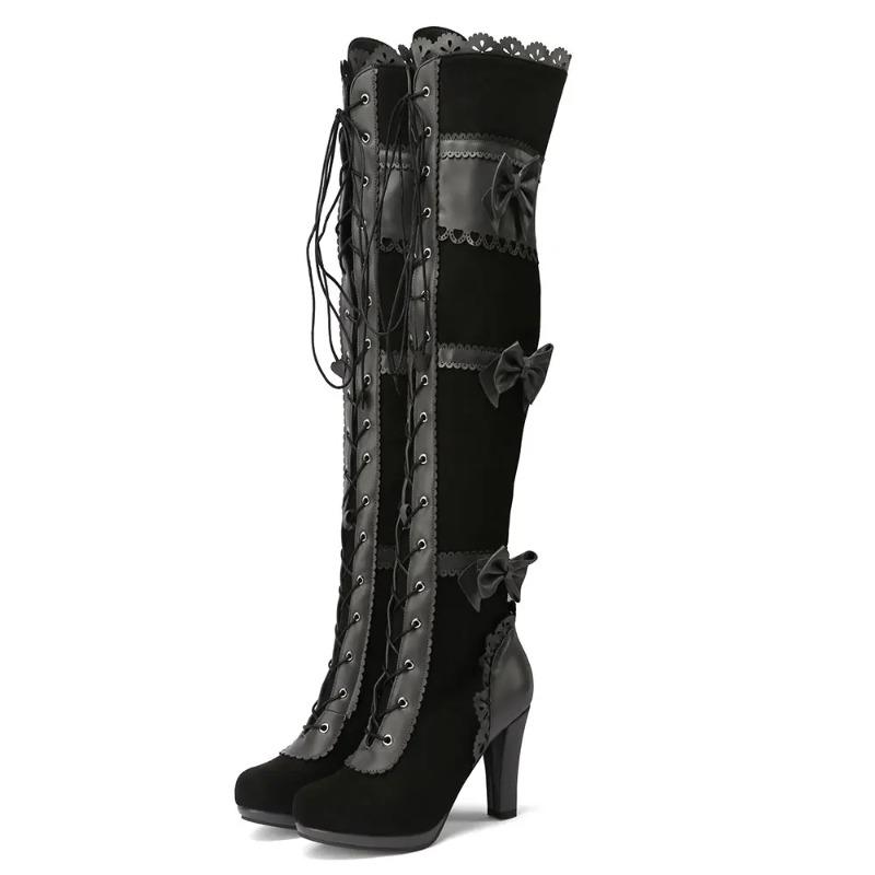 Fashion 2025 Big Size 43 Women's Black Goth Over knee Boots Lace Up Retro Gothic Black High Heels Boots Vampire witch Cosplay Shoes Bow