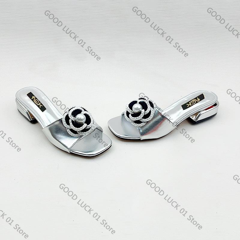 Fashion 2025 European and American New Thick Heel Round Head Flower Cool Slippers Single Shoes Women's