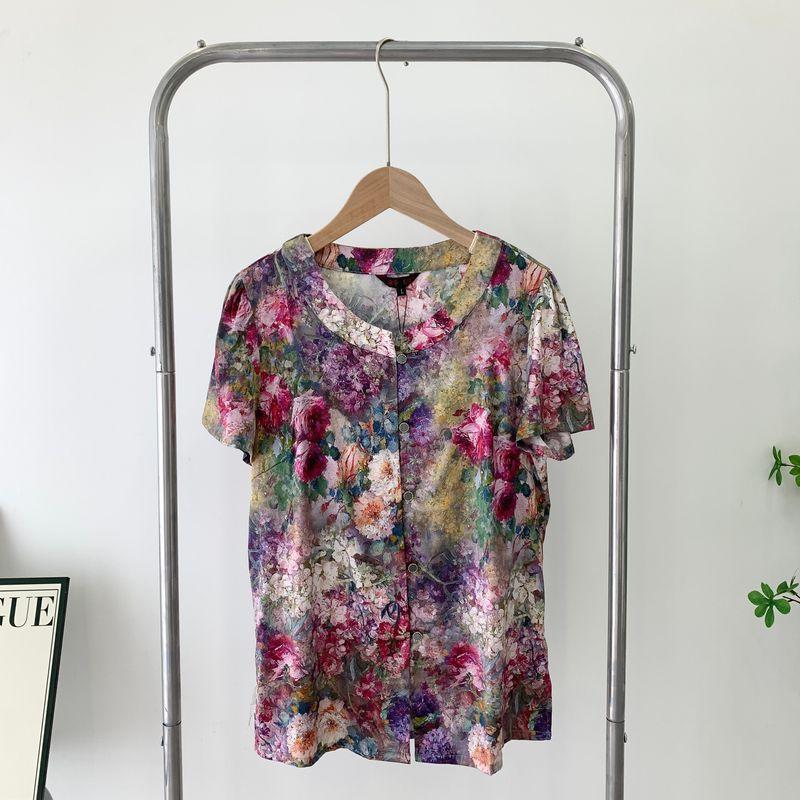 

Welfare Mulberry Silk Shirt Middle-Aged and Elderly Shirt Heavy Weight Real Silk Spandex Silk Satin Women s Top Mom Wear Summer T-Shirt Purple L