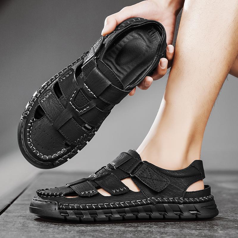 Fashion New Design Men's Beach Shoes Handmade Leather Sandals Fashion Men Suitable Roma Shoes Vacation Summer Flats Non-slip Man Sandals