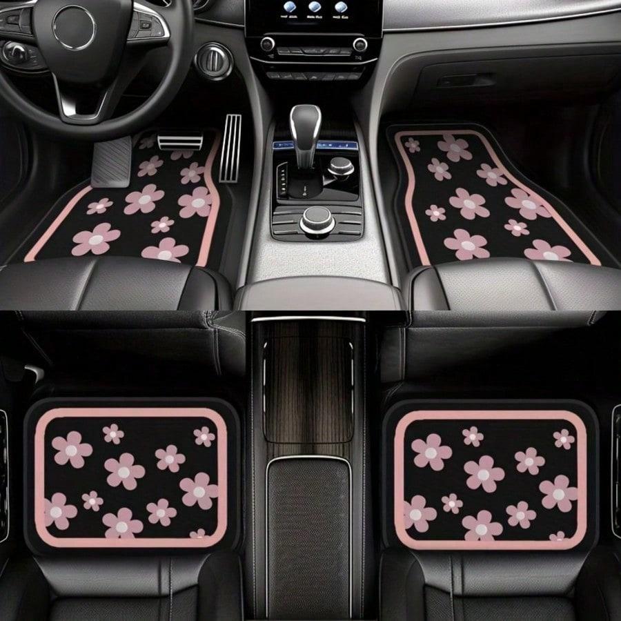 4 Stück Auto-Fußmatten, Niedliches Rosa Blumenmuster, Strapazierfähiges Polyester-Material, Vordere und Hintere Matten, Für Vollständigen Schutz des Auto-Innenraums
