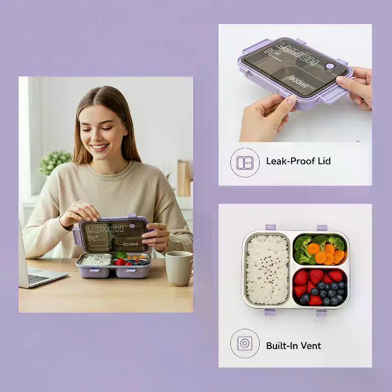 800ml Lunch Box Stainless Steel Bento Food Container Leakproof Pink Green Purple