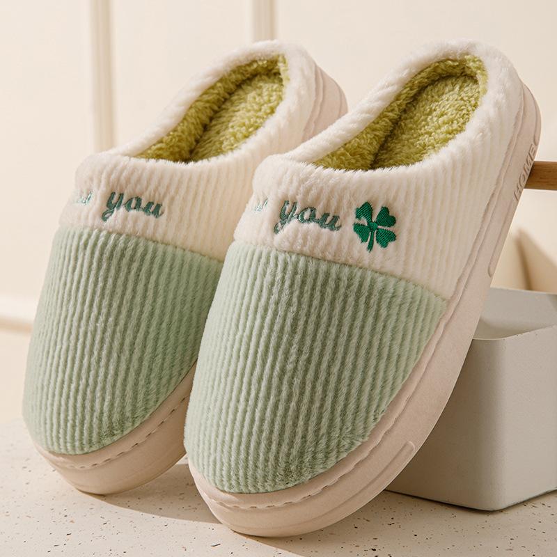 Four-leaf clover color matching cotton slippers winter new velvet couple indoor home hair slippers shoes