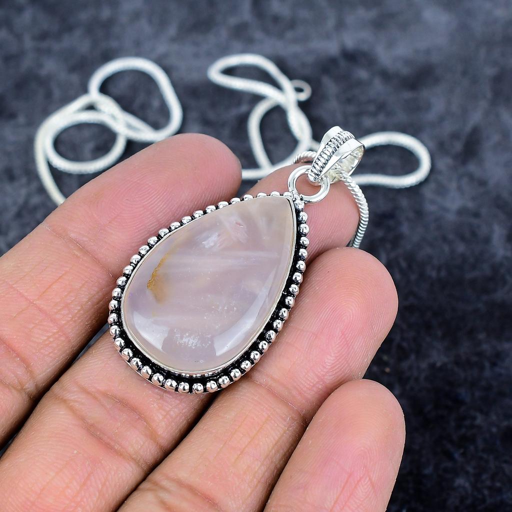 Rose Quartz Gemstone Handmade 925 Sterling Silver Jewelry Pendant 2.05" M-2918